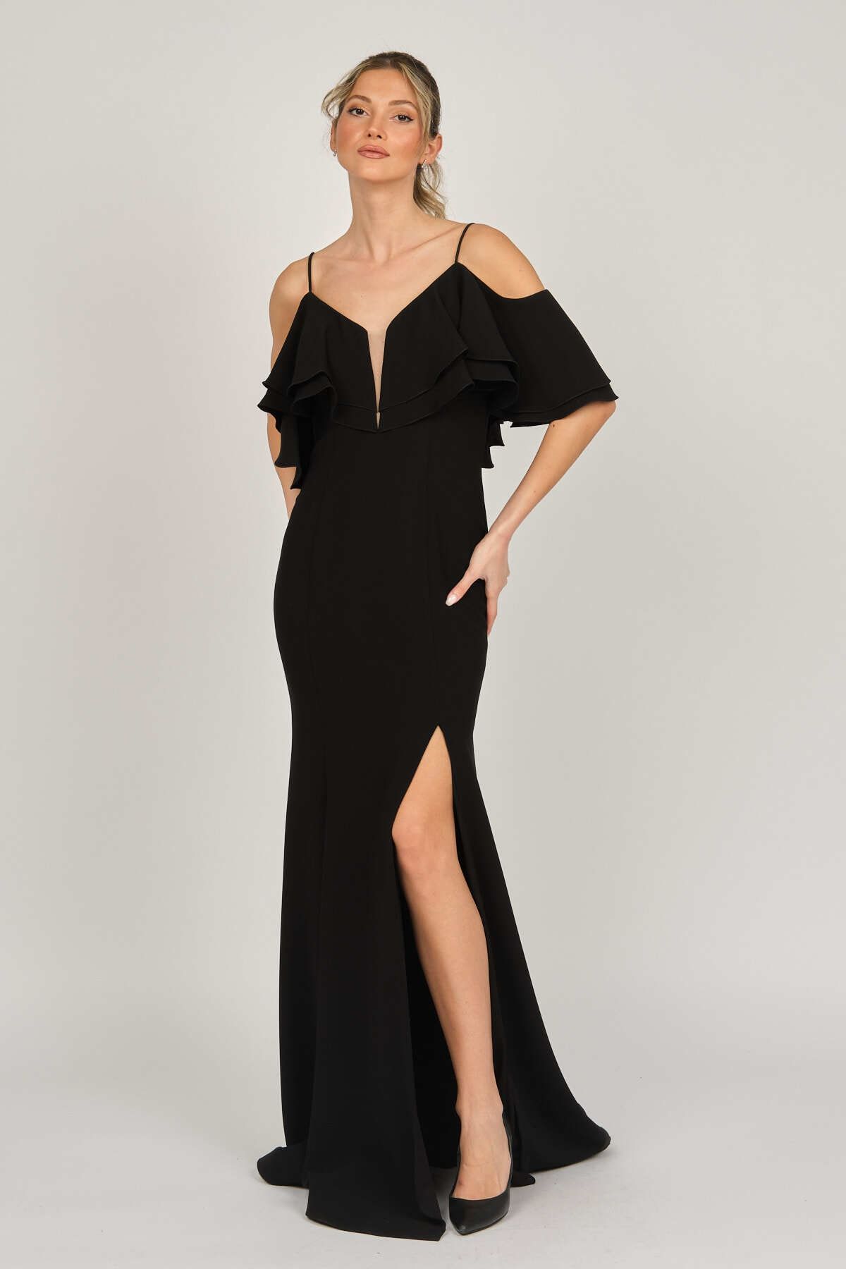 EREF VURAL Women s Strappy Deep Slit Evening Dress Black Trendyol