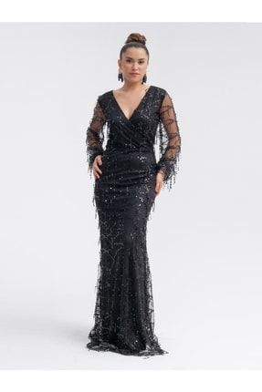 Pul Saçaklı Tasarım Elbise - Siyah GYM-0666-1