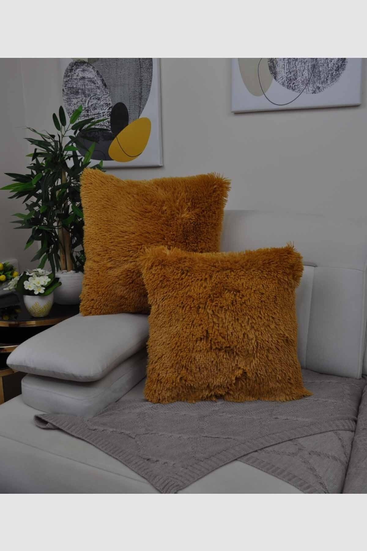 Paris Life Plush Fluffy Throw Pillow Cover Square Mustard Trendyol
