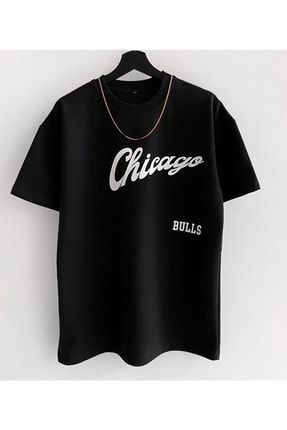 Arel Erkek Siyah Chicago Bulls Baskılı Oversize Bisiklet Yaka T-shirt arel