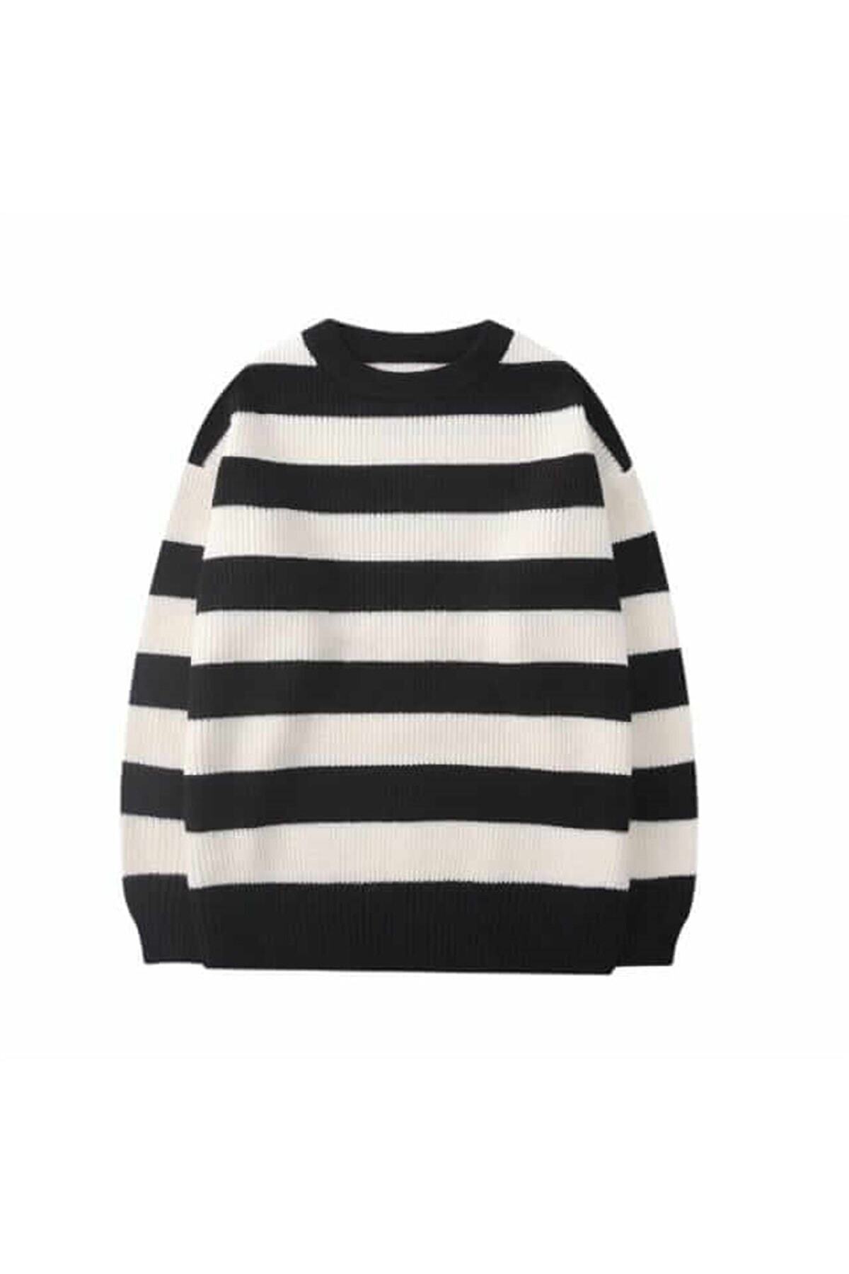 Touz-Μαύρο και άσπρο ριγέ Streetwear Oversize πουλόβερ-στάνταρ-μαύρο και άσπρο 3