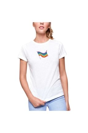 Pride Bayrağı Yarı Crop T-shirt, Beyaz PRDBYZS
