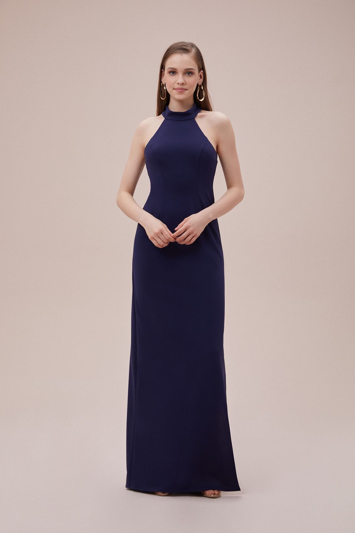 Dark blue halter top long gown clearance