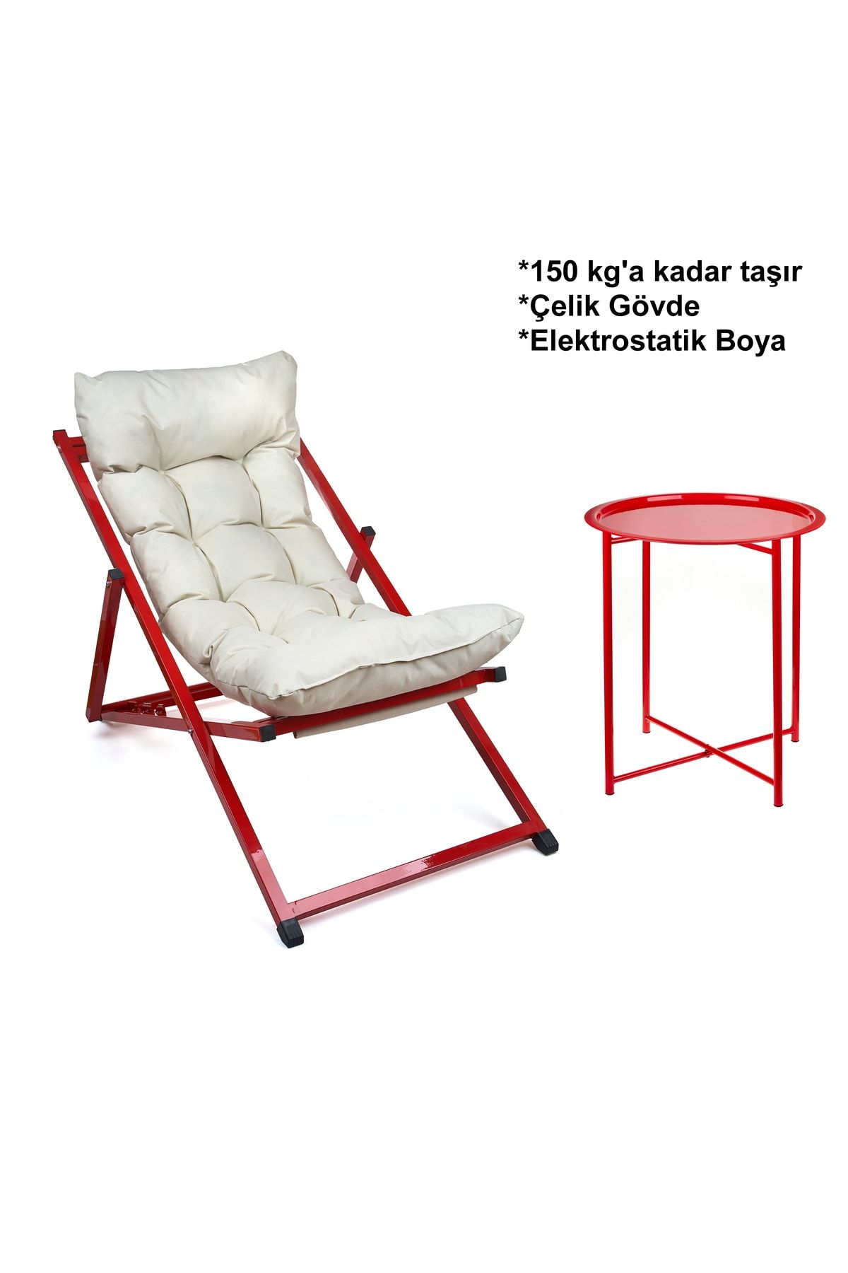 صندلی کمپ قرمز کمپینگ Cushion Tunci Sunbed مجموعه تاشو 1 میز آفتاب +1 قهوه  HUNDEMİR