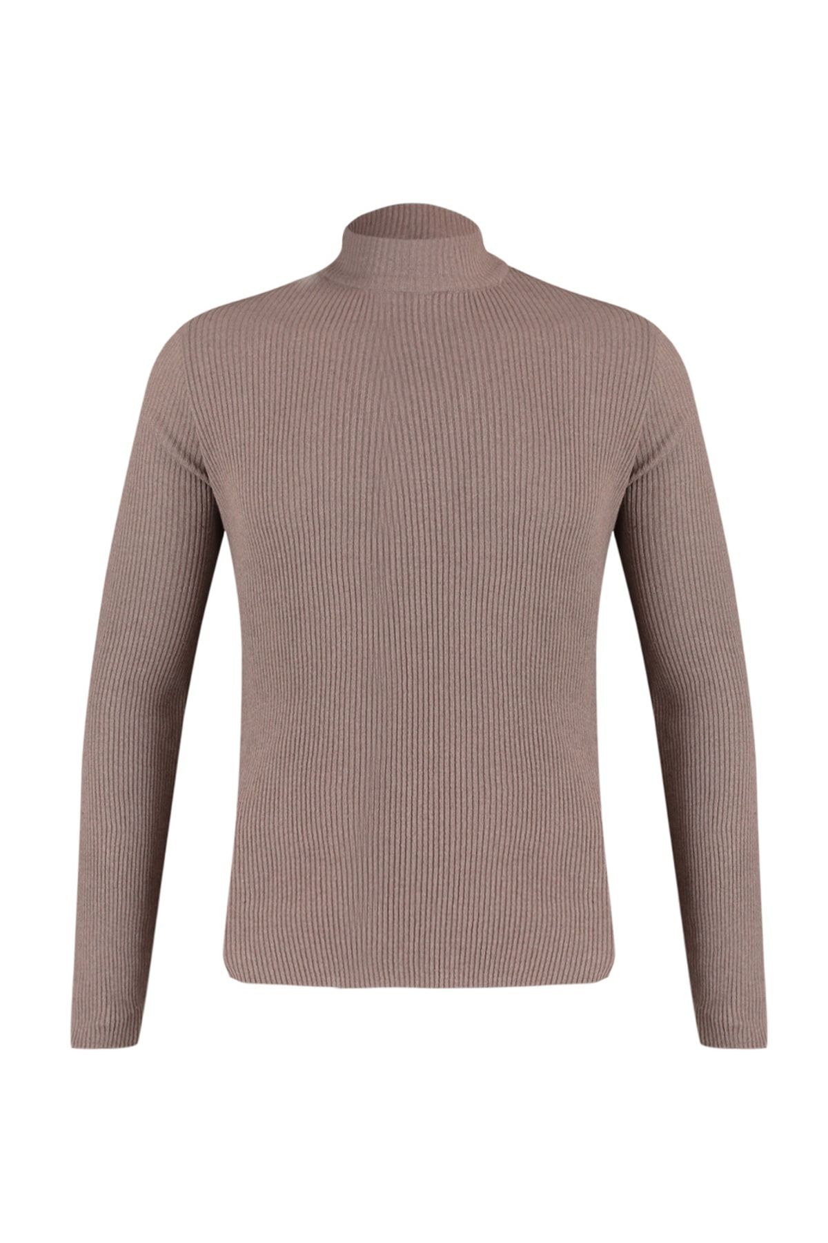 Trendyol Collection-Nerzfarbener, eng anliegender, halb gerollter Strickpullover aus Baumwolle mit Rollkragen TMNAW21KZ0568 6