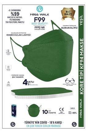 Kore Tipi F99 Best Quality Kf94 Maske Yeşil Mna Belgeli 10 Adet (N95 MASKE STANDARTINDA) FWALK2021