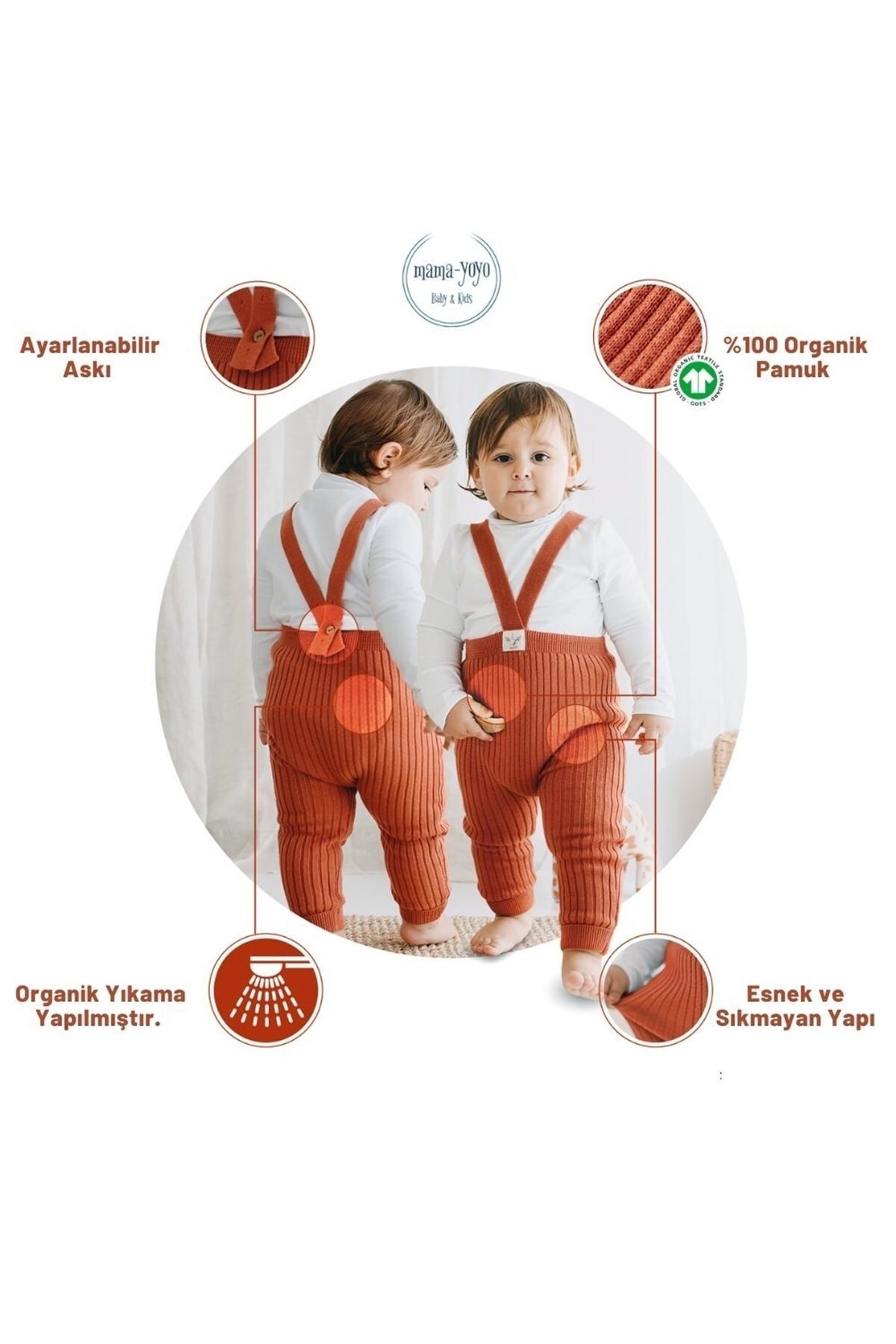 Mama Yoyo Baby Kids Askılı Organik Triko Bebek Taytı - Kiremit fotoğrafı 2 (önizleme)