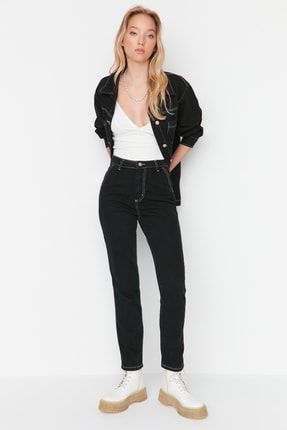 Siyah Kontrast Dikişli Yüksek Bel Bootcut Jeans TWOAW23JE00016