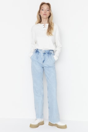 TRENDYOLMİLLA A&ccedil;ık Mavi Dikiş Detaylı Y&uuml;ksek Bel Wide Leg Jeans TWOAW23JE00206
