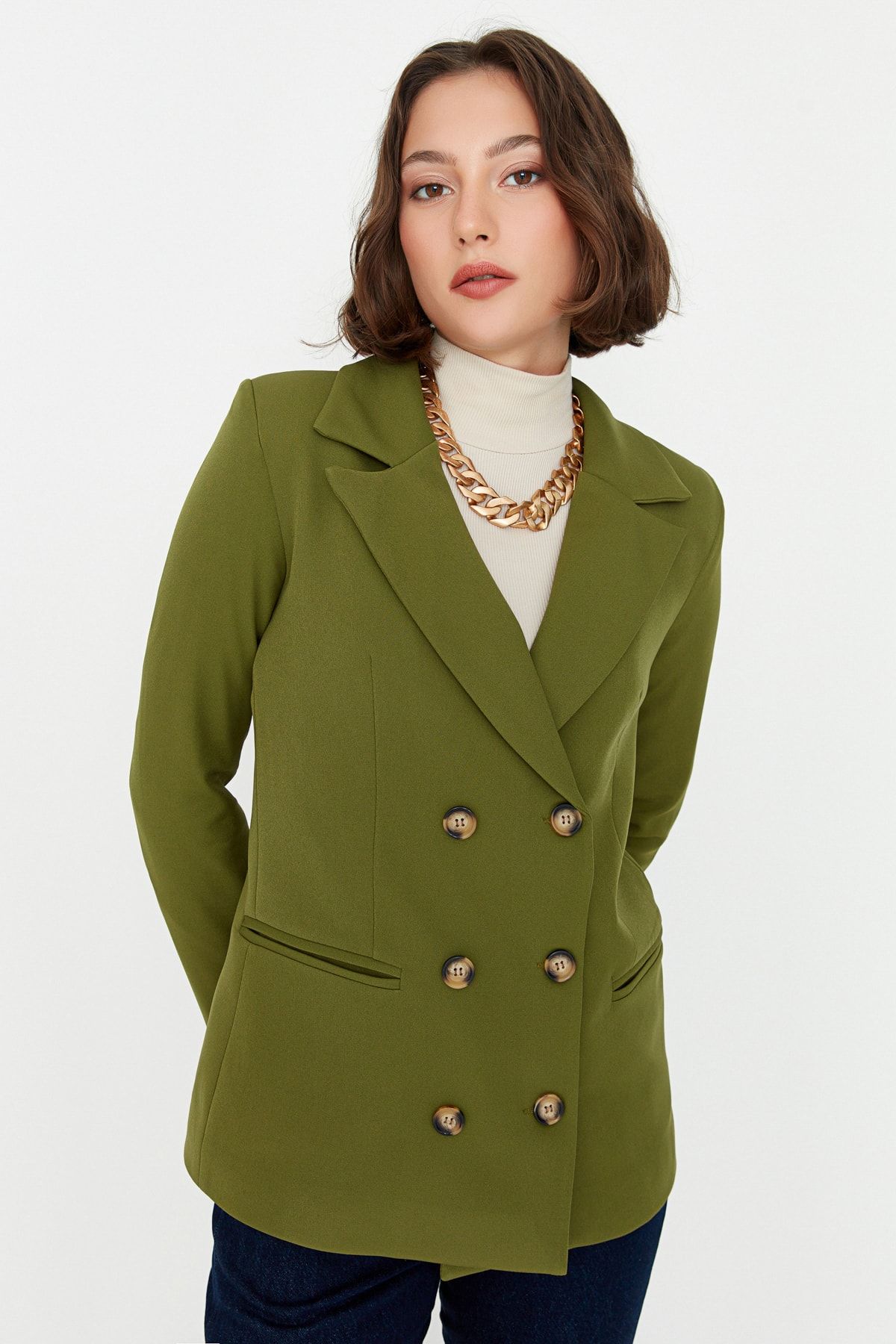 Trendyol Collection-Двобортний тканий піджак на підкладці з застібкою TWOSS21CE0029 хакі Regular на підкладці з капюшоном TWOSS21CE0029 9