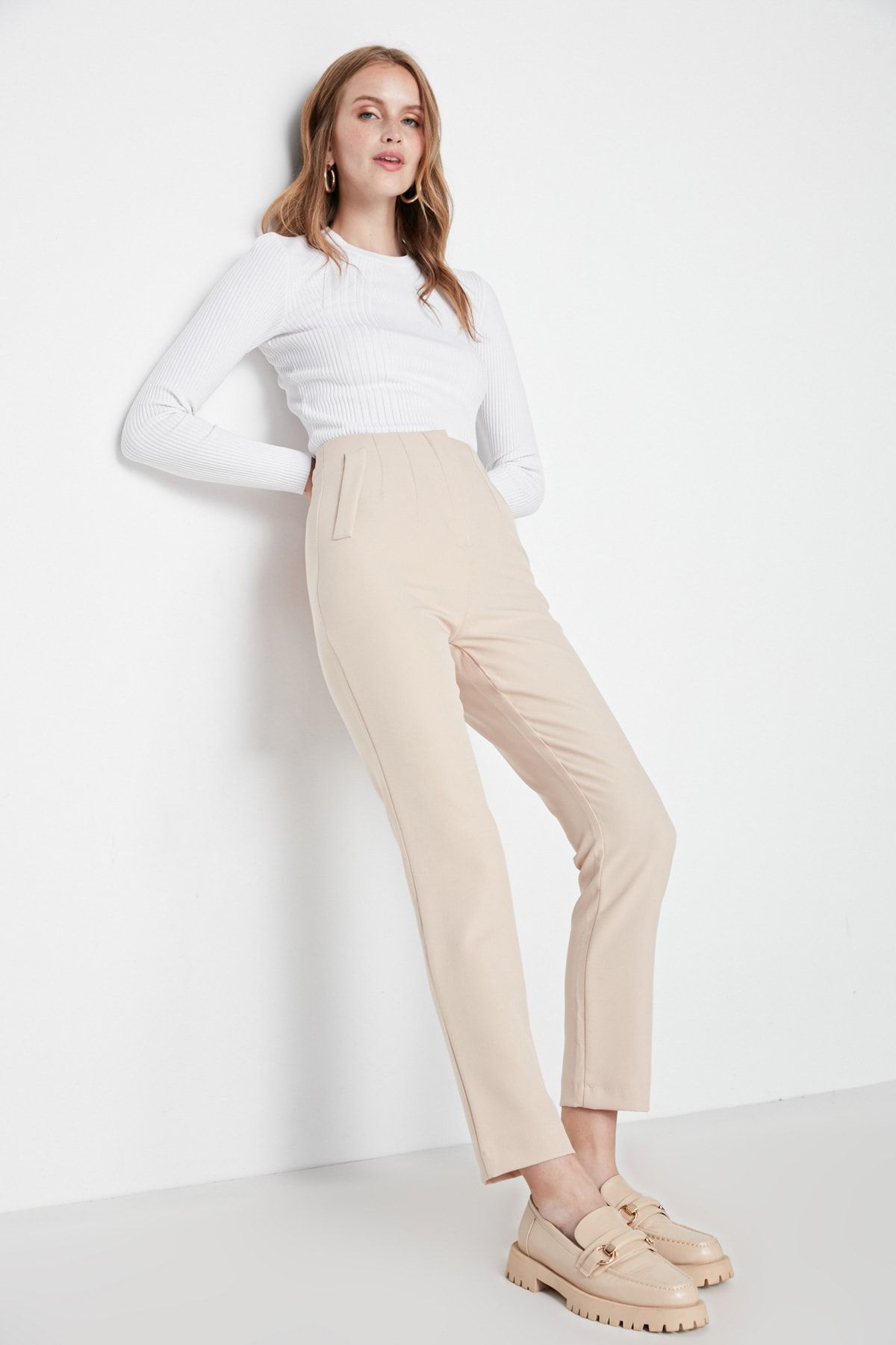 Trendyol Collection Lilac Straight High Waist Ribbed Stitched Woven Trousers  TWOSS21PL0093 - Trendyol