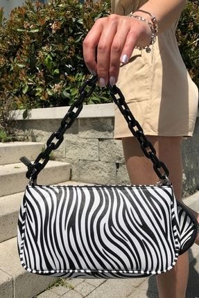 Zebra Desenli Kroko Baget Cüzdanlı Zincir Detaylı Askılı Kadın Çantası HT101010
