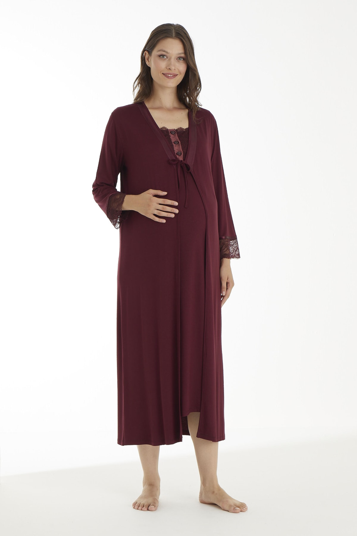 Miss Dünya Lissa Bordo Dantel Detaylı Hamile ve Lohusa Gecelik Takımı fotoğrafı 2 (önizleme)