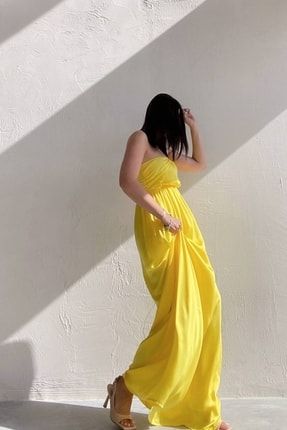 Sarı Straplez Drapeli Elbise -s6625