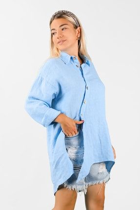 Kadın Çapraz Kapamalı Dökümlü Mavi Gömlek 2N/6393