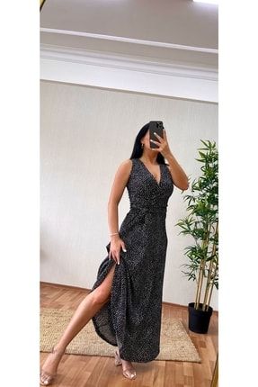 Kadın Siyah Kruvaze Yaka Beli Kuşaklı Maxiboy Elbise TDF-40131