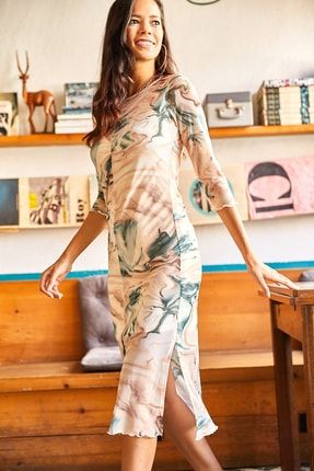 Kadın Çok Renkli Astarlı Batik Yanı Yırtmaçlı Örme Elbise ELB-19001783