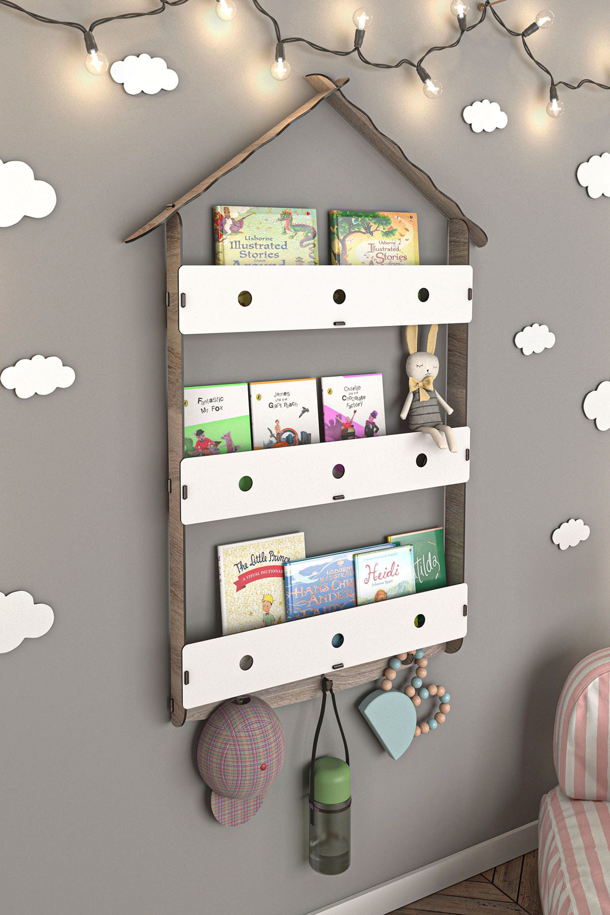 Mingitav Çatılı Askılı Ahşap Eğitici Montessori Çocuk Odası Kitaplık