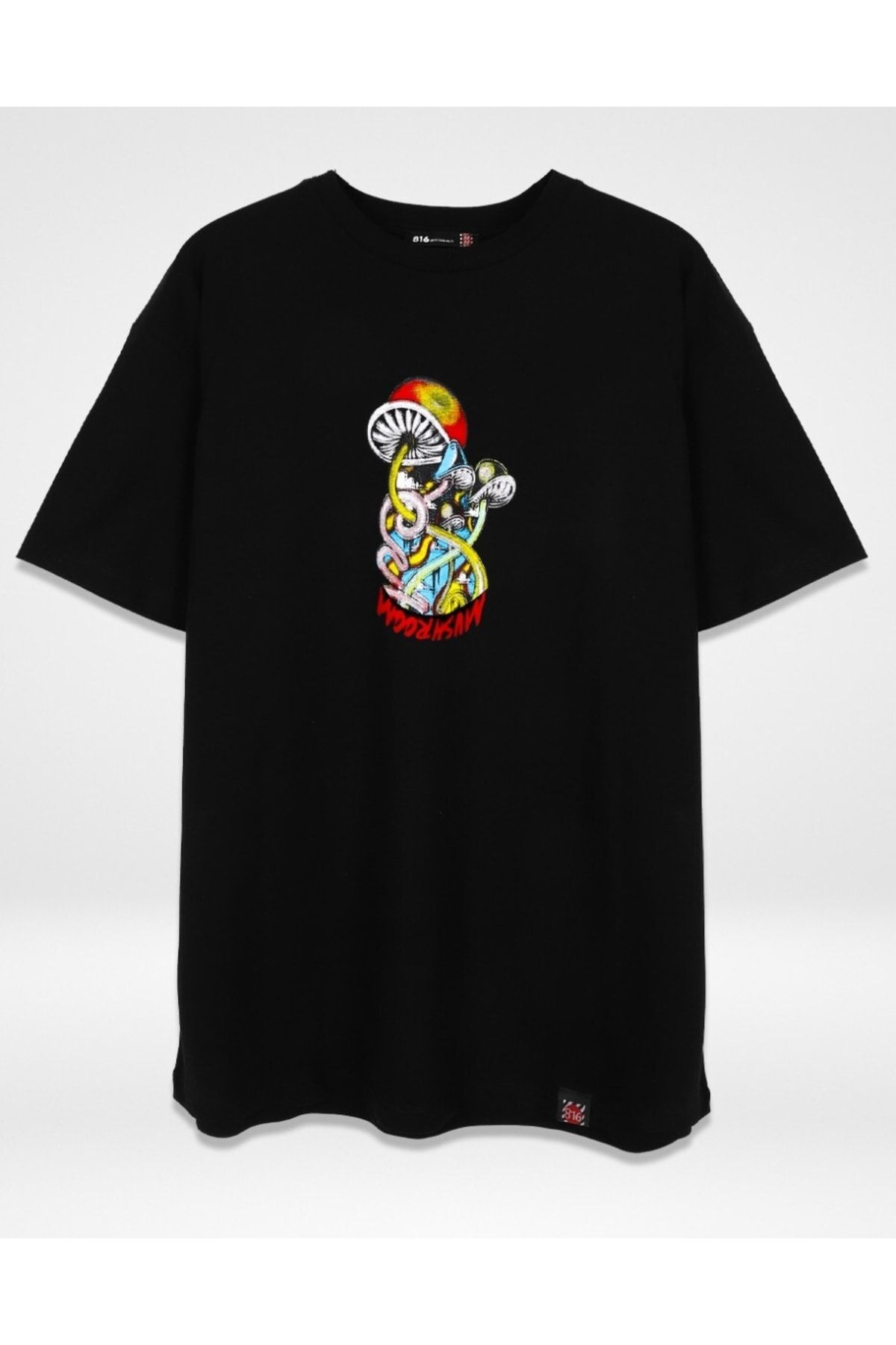 Trippy Mushrooms Sırt Baskılı Siyah Unisex Oversize Tshirt