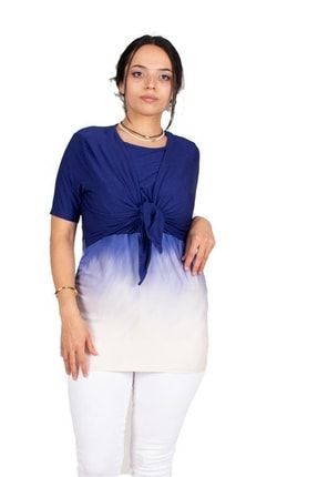 Büyük Beden Kadın Giyim Önden Bağlamalı Yıkamalı Bluz Lacivert Bz848 BZ848