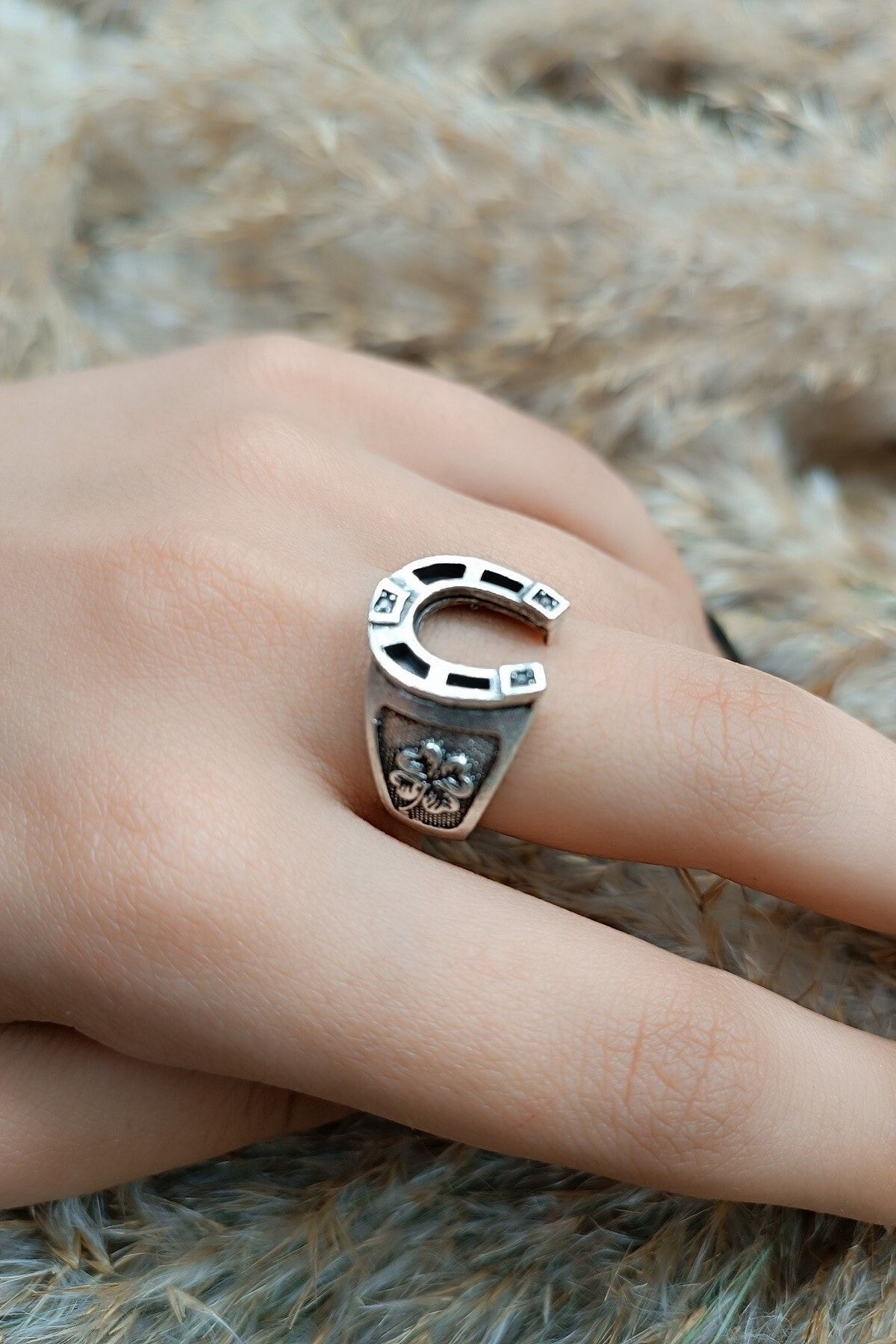 s4s Luck Ring Clover Horseshoe Antique Antique Silver Plated