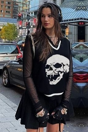 Siyah Skull Gothic Oversize Kuru Kafa Harajuku Süveter 65SDM4