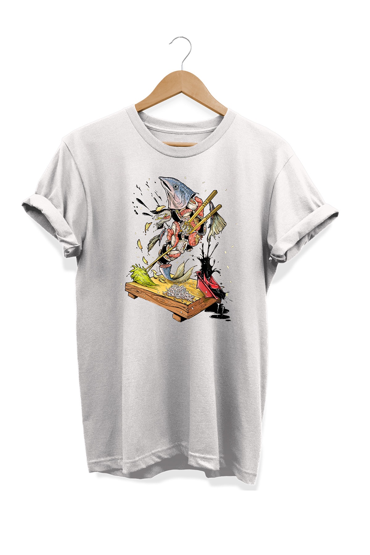 remonz Yemek Serisi Sushi Baskılı %100 Pamuk Büyük Beden Tişört