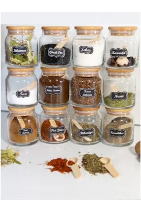 Kaşıklı Etiketli Vakum Kapaklı 300 Ml 6 Adet Kavanoz Ve 6 Adet Mini Baharat Kaşığı 12 Parça MIEN30006A