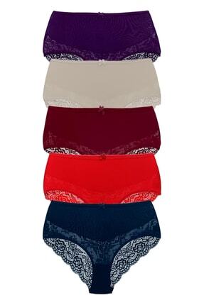 HNX 5'li Pamuklu Arkası Yarım Dantel Yüksek Bel Büyük Beden Kadın Külot