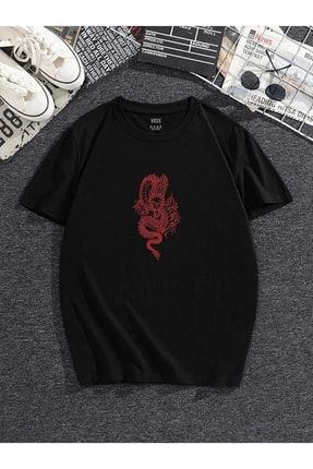 Unisex Ejderha Baskılı Siyah Oversize T-shirt U-Ovrsz-Tşrt-Drgn