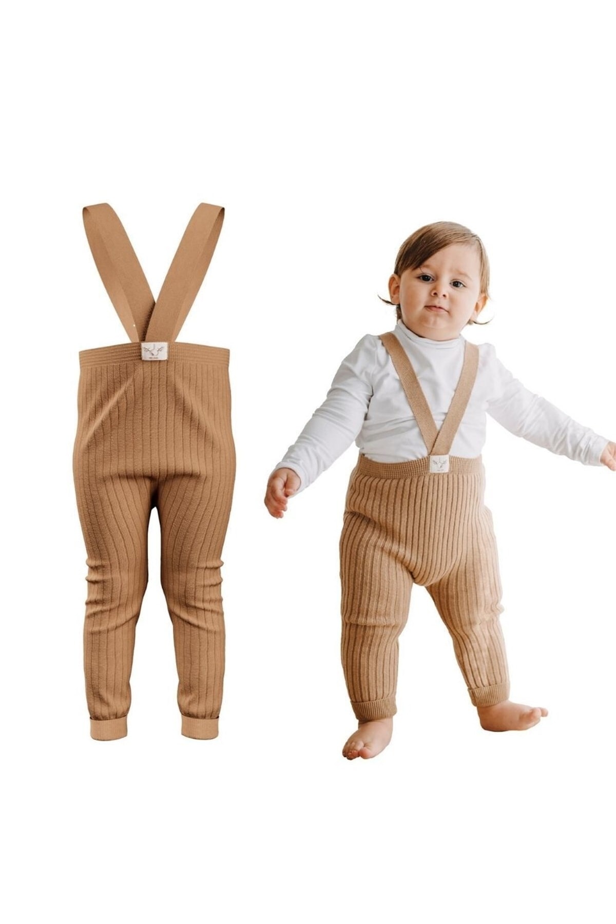 Askılı Organik Triko Bebek Taytı - Cappucino