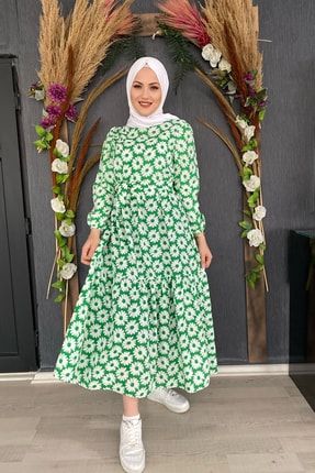 Papatya Desen Kuşaklı Elbise - Yeşil UM3020