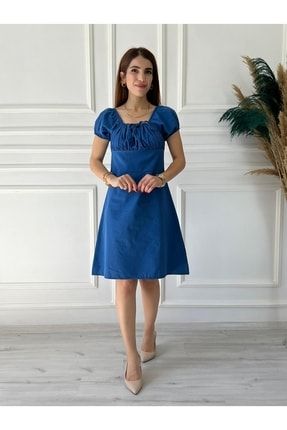 Mavi Büzgü Detaylı Diz Üstü Elbise 101-255