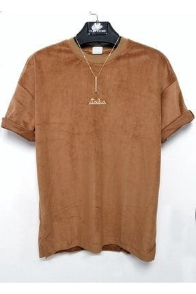 Erkek Kahverengi Italia Oversize Kadife T-shirt ST0020