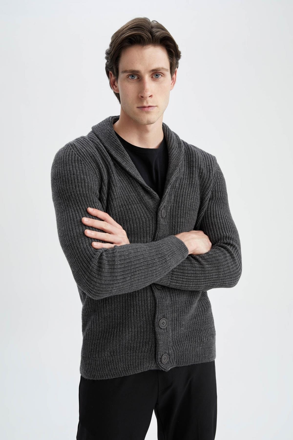 Regular Fit Shawl Collar Buttoned Knitted Cardigan