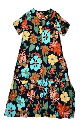 Kadın Elbise Dokuma Ithal Viskon Elbise Kısakol Boydan Düğmeli Çiçek Desenli Eteği Fırfır 5588 553145