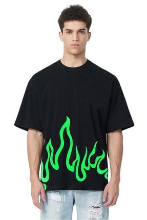 Unisex Oversize Neon Flame Alev Baskı Detaylı Tshirt Tişört FSTSHRT-000345562
