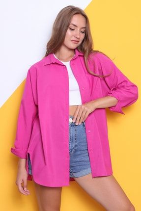 Kadın Oversize Uzun Fuşya Gömlek CTN22