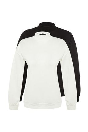 Siyah-Beyaz İkili Paket Dik Yaka Loose İnce Örme Sweatshirt TWOAW23SW00243