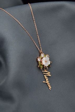925 Ayar Gümüş Rose Kaplama Isimli Sedef Manolya Çiçeği Kadın Kolye UVPTS100547