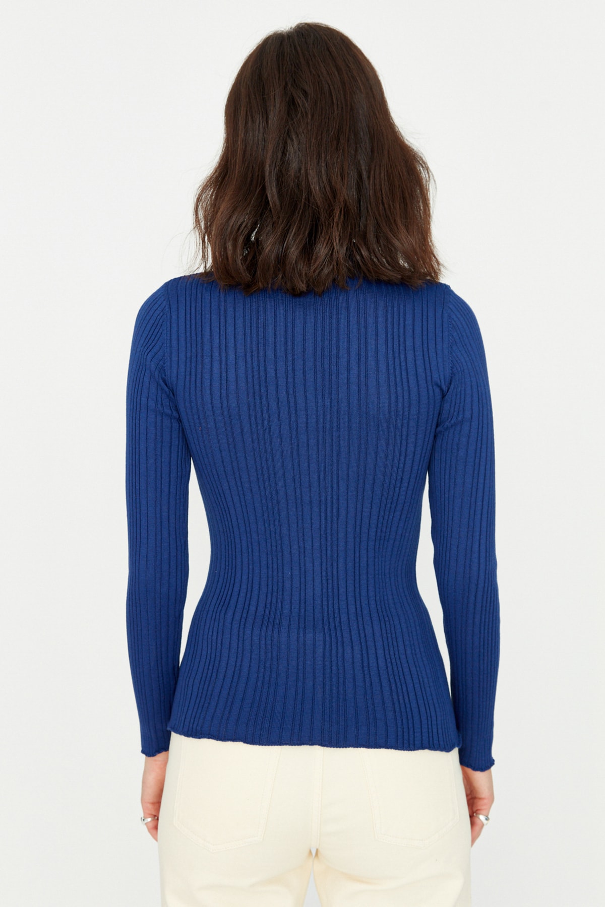Trendyolmilla  Lacivert Merserize Görünümlü Fitilli Polo Yaka Triko Hırka TWOAW20HI0070 - Görsel 5