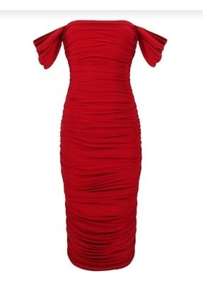 Kadın Drapeli Düşük Omuzlu Kırmızı Abiye Elbise 2047buybox