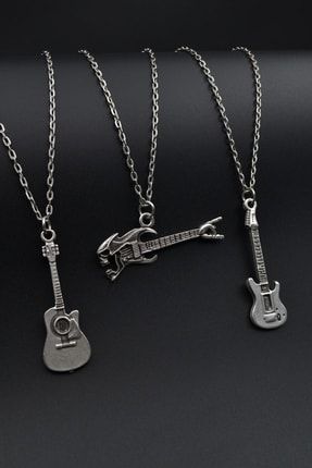 3'lü Klasik Elektron Gitar Kuru Kafa Gitar Erkek Kadın Kolye Seti Gümüş Kaplama - 60 Cm Zincir BF1143-1201-1039-Z1