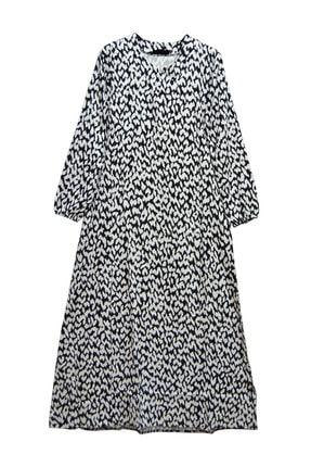 Kadın Dokuma Viskon Siyah Beyaz Desenli Tesettür Elbise Uzun Kollu Beşgen Yaka 5687 56801