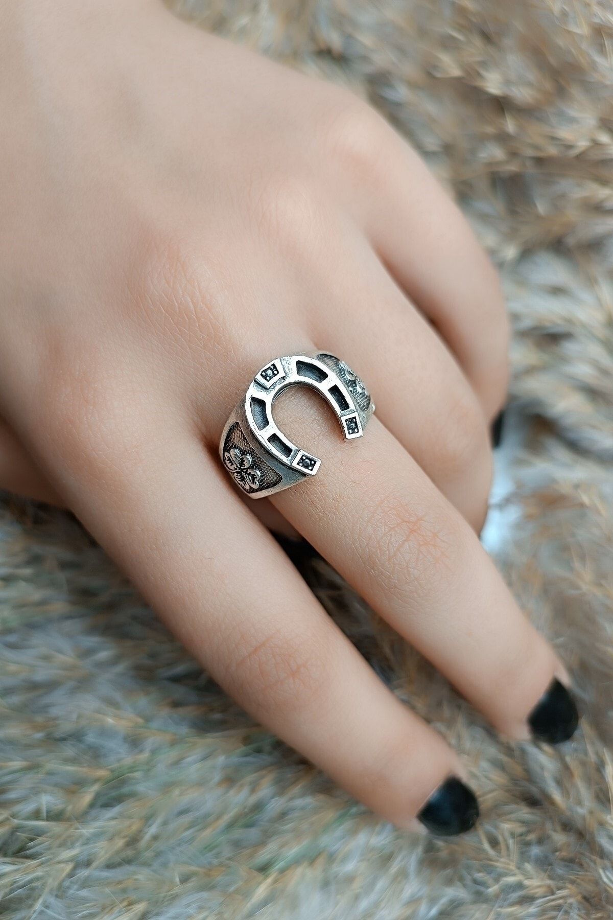 s4s Luck Ring Clover Horseshoe Antique Antique Silver Plated