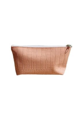 Dokulu Desenli Suni Deri Kumaş Somon Makyaj Çantası 24x12 Cm Clutch Çok Amaçlı Çanta Çamdertekstil01