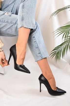 Kadın Siyah Cilt Stiletto Ince 10 Cm Topuklu Ayakkabı MMERT36