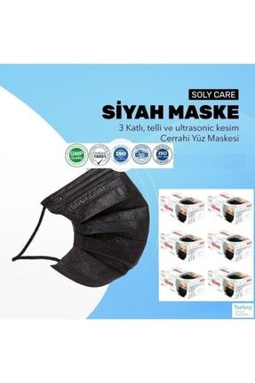 Siyah Üç Katlı Lastikli Burun Telli Cerrahi Maske 300 Adet 50'li 6 Kutu MASKESOLY-SY06