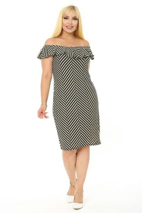 Kadın Siyah Beyaz Şerit Zigzag Desen Fırfır Yaka Detay Büyük Beden Kalem Elbise 2210146