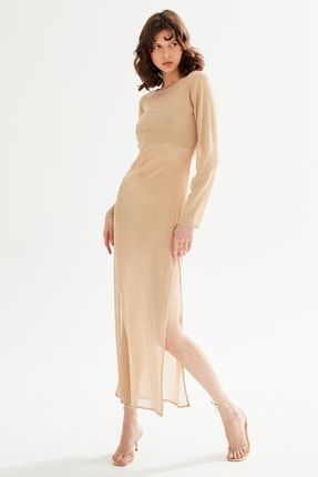 Moda Tutkusu Uzun Kollu Yırtmaçlı Örme Elbise 124M1828000
